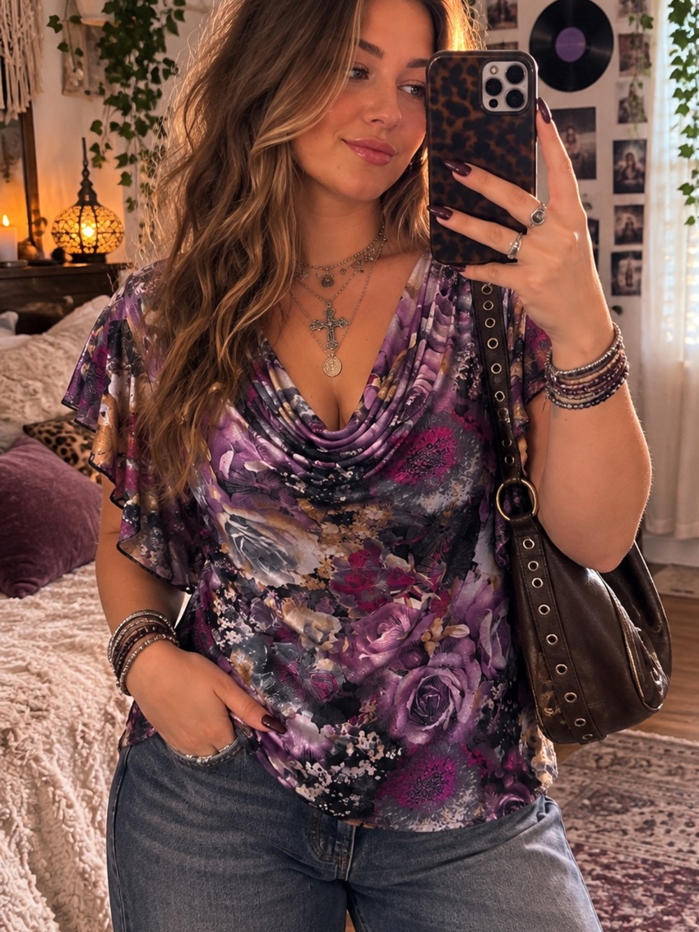 Brittany Black Y2K Whimsigoth Purple Floral Shimmer Cowl Neck Top